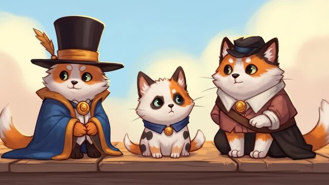 Three Dapper Cats - A Whimsical Cartoon Illustration of Feline Fashion.