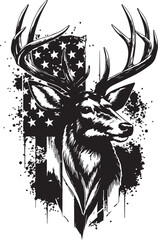 Obraz premium Whitetail Buck Portrait with American Flag Background - Patriotic Hunting Emblem with Grunge Splatter and Stars and Stripes