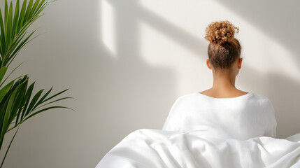 Fototapeta premium Woman sitting in bed looking out window in morning light, enjoying slow living, new day, relaxation, and peaceful awakening at home