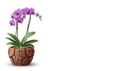 Naklejka premium Orchid in bark pot isolated illustration on white background with side copy space, metaphor for exotic elegance and inner strength