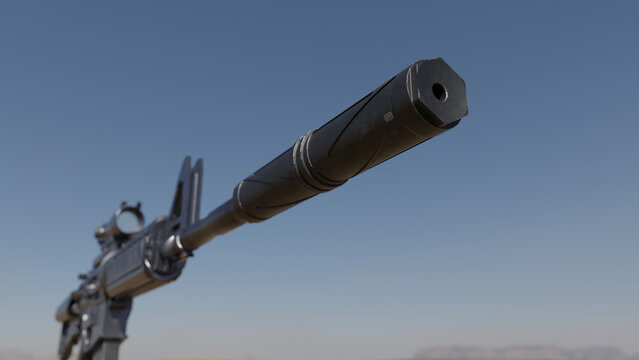 Close-Up Of Tactical Rifle Barrel With Suppressor In Desert Background, Military Weapon Detail