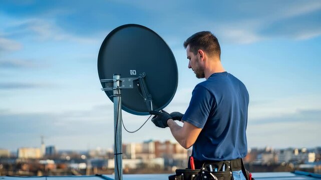 Man technician installing and adjusting a satellite dish on a rooftop for internet connection and modern technology setup.