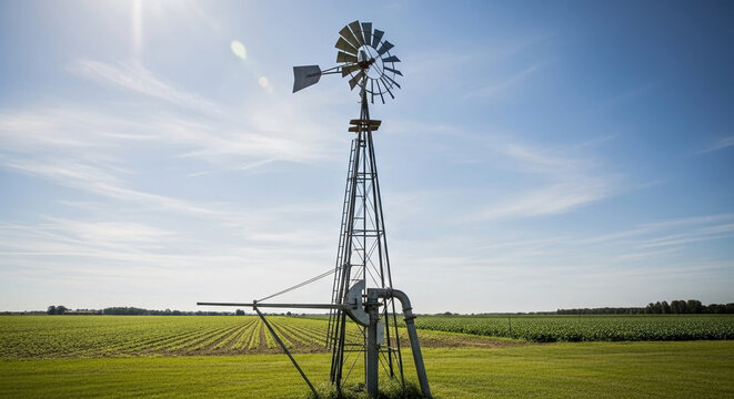 Classic Wind Powered Water Pump, an Old-Fashioned Rural Windmill Pump, for Sustainable Agriculture, Renewable Energy Awareness, Farm Water Supply, and Green Technology Blogs