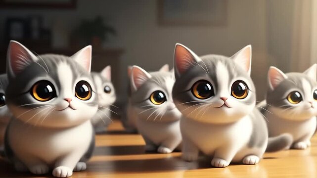 Adorable Group of Animated Kittens with Big Expressive Eyes.