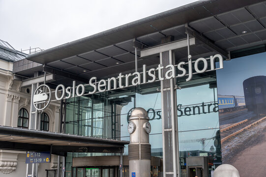 Oslo, Norway - March 11, 2026:  Exterior entrance to the Central train station in Oslo during winter