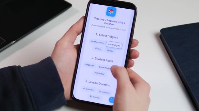 Person using mobile app to book a private tutor. Selecting language lessons for exam prep. Professional EdTech UI or UX design. Perfect for e-learning, remote education, and distance study concepts