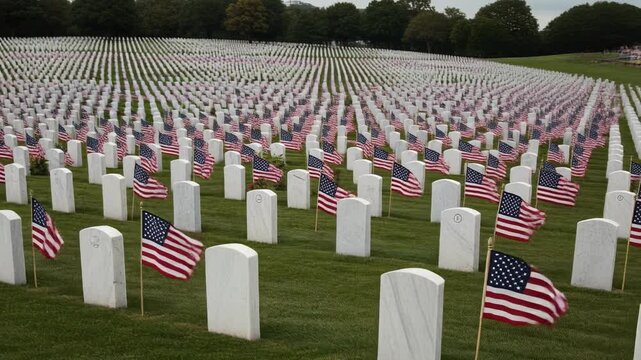 Solemn Rows of Headstones with American Flags at a National Cemetery.