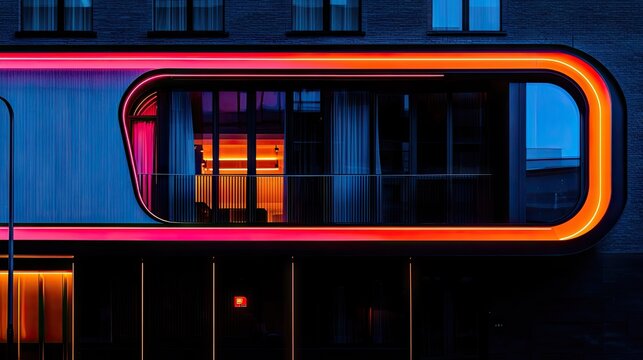 Modern building facade features a striking, rounded window illuminated by bright neon lighting at twilight