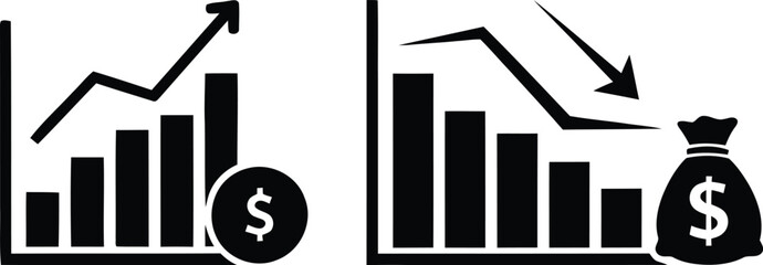Obraz premium Black and white icons of growing and declining financial graphs isolated on transparent background