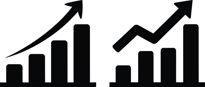 Black bar chart and graph icons with arrows on isolated on transparent background