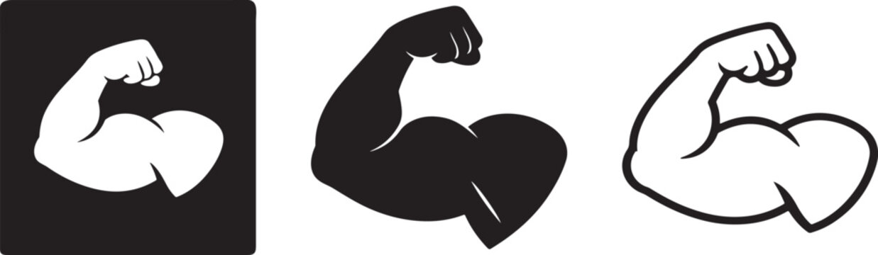 Strong muscle arm silhouette fitness power vector icon.