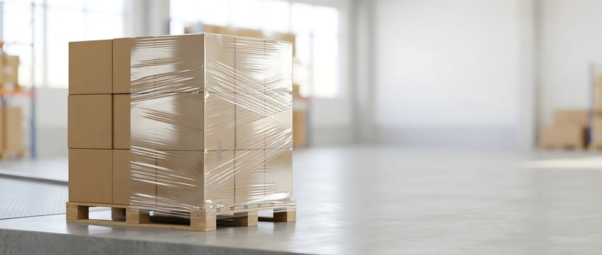 Cardboard boxes on wooden pallet partially wrapped in stretch film in bright warehouse, logistics and shipping preparation concept