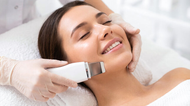 Smiling woman with eyes closed enjoying an ultrasonic facial peeling treatment