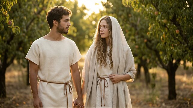 Adam and Eve standing together in the Garden of Eden. Couple holding hands in a lush orchard at sunset. Biblical scene from Genesis depicting the origin of humanity and spiritual history.