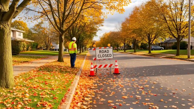 Man wearing a hard hat and safety vest monitors an open fire hydrant flushing water into a public street during autumn weather, maintenance footage