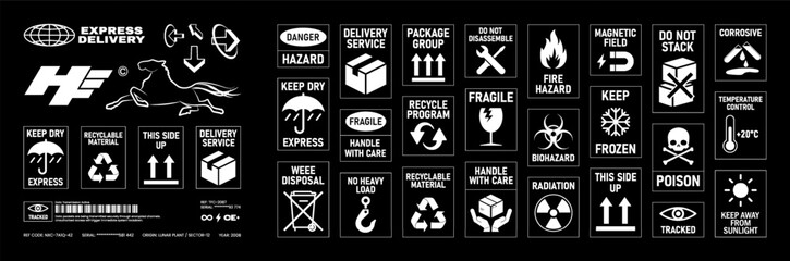 Packaging symbols vector, logistics pictograms. Set of shipping -recycling, hazard symbols, Handle with care, Fragile, umbrella and other. Shipping icons set and packaging symbols. Vector graphic set