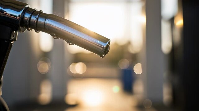 Fuel nozzle at gas station close up. Metal pump equipment for refueling vehicle. Industrial liquid energy distribution at sunset for petrol and diesel service.