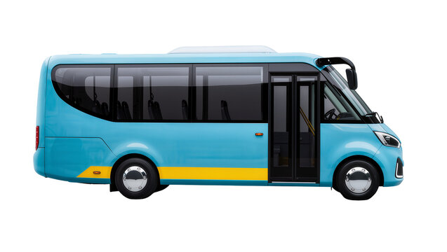 Modern light blue mini-bus with yellow stripe, a contemporary passenger shuttle vehicle isolated on transparent background, side view PNG