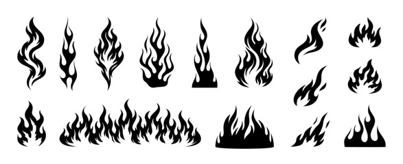 Flame Silhouette in classic style. Black fire and flame silhouette shapes in varied styles. Old school tattoo style or silhouette flame for cars. Minimal stylish fire silhouette. Vector graphic set