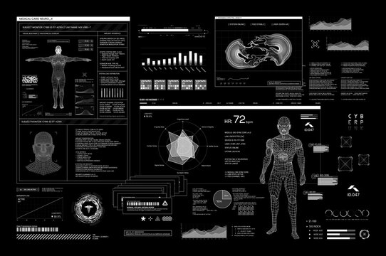 Sci-fi healthcare HUD interface, futuristic wireframe humanoid metrics panel on black. Sci-fi, UI layout featuring wireframe figures, biometric charts, gauges, 3D hologram. Vector futuristic research