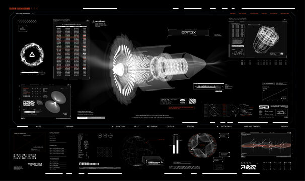 Sci-Fi HUD Dashboard with 3D Jet Turbine Diagnostics. High-tech control interface featuring a semi-transparent 3D turbine structure, UI, data, charts. HUD dashboard avionics, Sci-fi interface. Vector