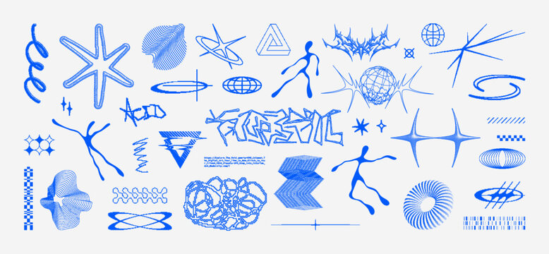 Acid bitmap creative pack with 3D geometric shapes, Y2K elements, Halftone 3D, lettering, Abstract pixelated figures, Tribal, Abstract liquid people. Monochrome brutalism in bitmap style. Vector set