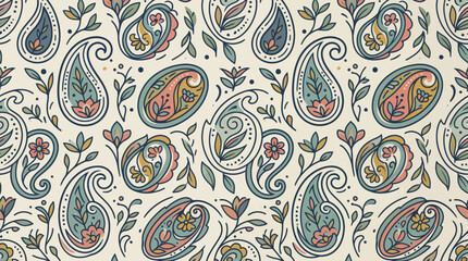 Naklejka premium Intricate paisley pattern fabric design with botanical motifs and teardrop shapes on light background.