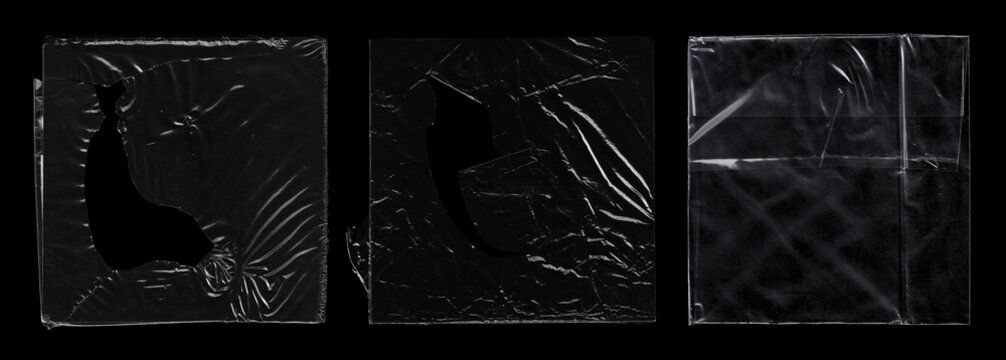Polyethylene packaging, cellophane protection for an album or disc cover, and overlay frames. Plastic packing, whole and torn. Polyethylene packaging with a torn effect for overlay. Photo mockup