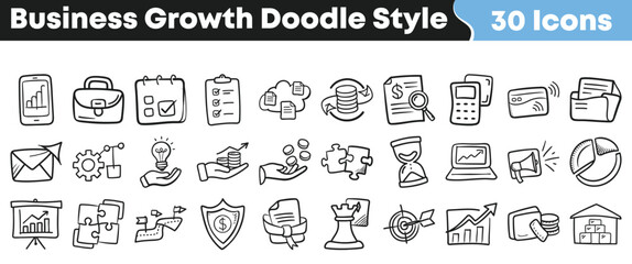 Collection of thirty hand drawn doodle style business growth icons representing finance strategy planning and success elements
