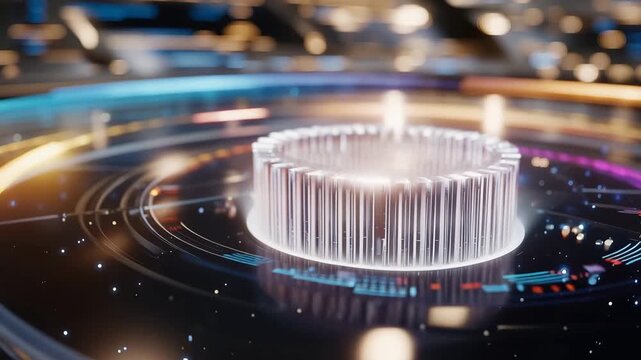 Vibrant colorful holographic display showing orbital trajectory calculations and satellite constellation patterns in darkened planetarium, glowing data streams illustrating space debris tracking,