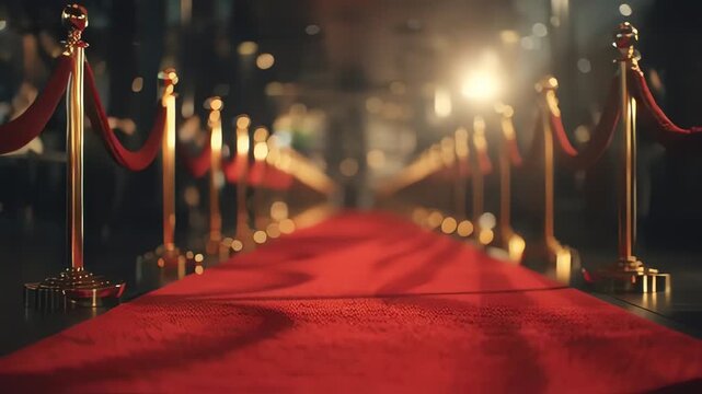 The opulent red carpet stretches forward, bordered by elegant velvet ropes and gleaming stanchions, inviting grand arrivals to an exclusive, star-studded celebration