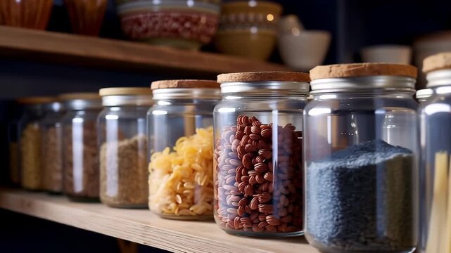 Before after pantry organization showing processed foods replaced with whole ingredients, labeled glass jars of grains and legumes on open shelving, environmental transformation supporting health,