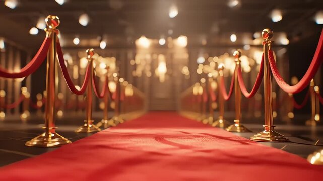 Red carpet event entrance with velvet ropes and stanchions, illuminated by ambient lighting, creating a glamorous and exclusive atmosphere for VIP arrivals