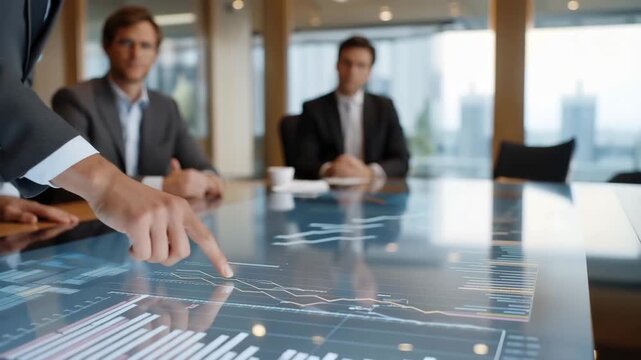 Boardroom presentation features interactive touchscreen displaying quarterly projections, executive traces growth trajectory with fingertip, reflection of attentive board members visible on