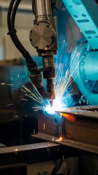 Robotic arm welding metal parts in a factory. Automated manufacturing process using precision industrial technology for heavy metal fabrication and construction work. Vertical video