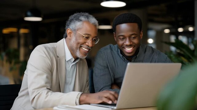 Industry veteran shares decades of wisdom with emerging professional in vibrant coworking space, laptop displays career roadmap, spring plants frame mentoring session, handwritten advice notes