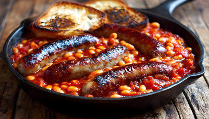 Fototapeta premium Baked beans tomato sauce grilled sausages cast iron pan English breakfast