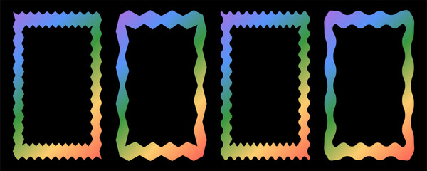 Fototapeta premium Retro whimsical rainbow gradient frame set with scalloped and wavy hand-drawn borders. Vibrant multi colored frames for greeting cards, menu, gift tags, and modern stationery. Vector illustration.