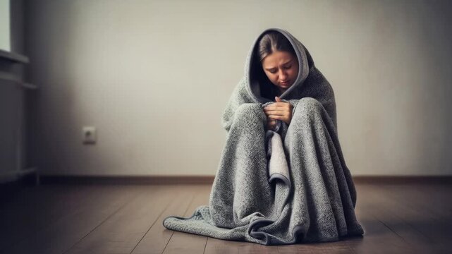 Cold woman with an inoperative heating system trying to keep warm with a blanket at home, energy crisis footage.