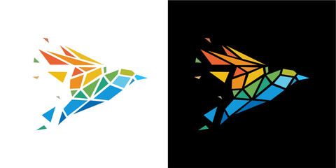 Obraz premium A vibrant, low poly geometric bird soars dynamically, crafted from a mosaic of colorful polygons on both white and black backgrounds. This abstract design evokes feelings of freedom, innovation, and d