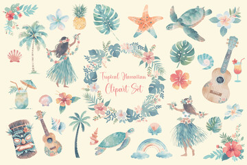 Obraz premium Watercolor Tropical Hawaii Clipart Set with Hula Dancers, Ukulele, Sea Turtle, Hibiscus, and Palm Trees. 