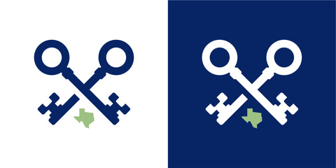A modern vector illustration showcasing two crossed vintage-style keys, prominently featuring a small outline of the Texas state map at their intersection. Presented on both a crisp white and a deep b © dwi