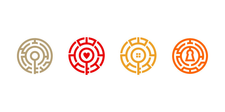 Four distinct circular maze icons are presented on a clean white background, each featuring a unique central symbol: a key, heart, home, and keyhole. These modern, minimalist designs convey themes of 