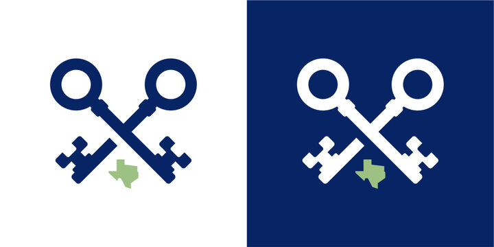 A modern vector illustration showcasing two crossed vintage-style keys, prominently featuring a small outline of the Texas state map at their intersection. Presented on both a crisp white and a deep b