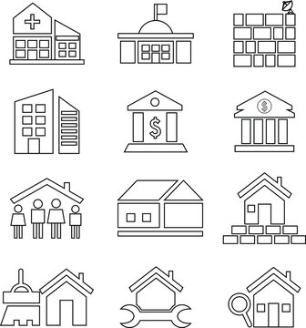 Real Estate Banking and Public Building Line Icon Set Vector, Minimalist outline icons for property management, financial banking, residential housing, and community service facilities.