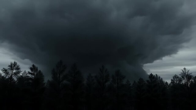Huge dark storm cloud dominates the gray sky above a silhouetted, ominous forest