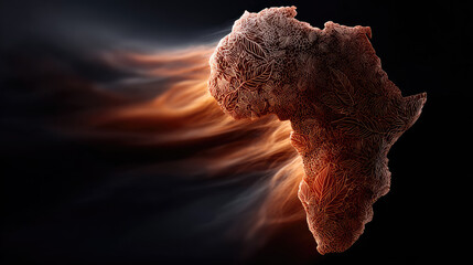 Fototapeta premium Africa continent map showing intricate patterns of leaves and organic forms, glowing with warm colors and surrounded by ethereal smoke, symbolizing heritage and culture on Africa Day. Africa Day