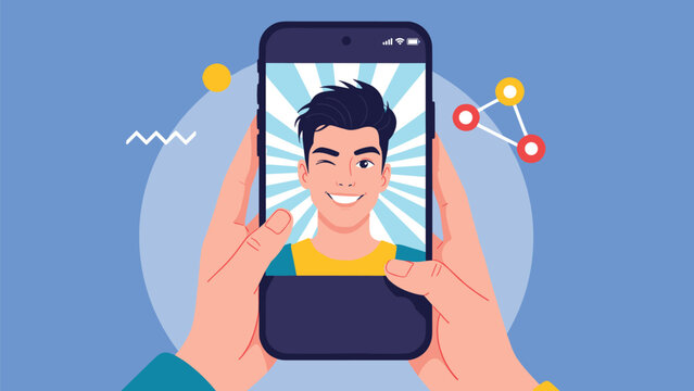 Person holding a smartphone displaying a smiling man taking a selfie portrait with vibrant blue background and graphic shapes.