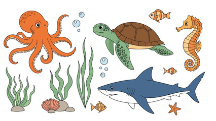 Naklejka premium Cute sea creatures collection featuring shark octopus turtle seahorse and colorful fish among green aquatic plants.
