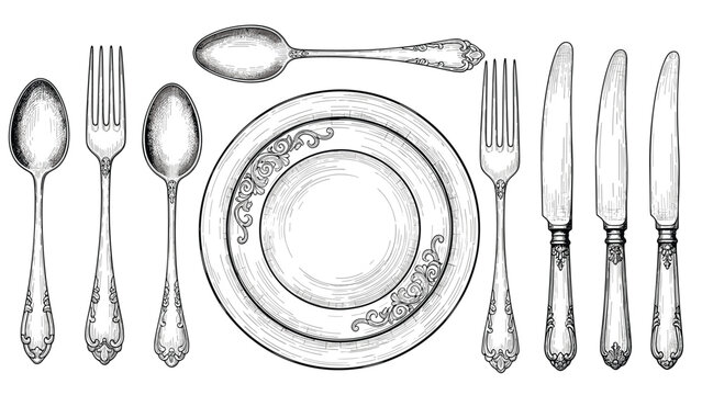 Ornate vintage engraving style table setting with floral patterned plates forks knives and spoons for fine dining.